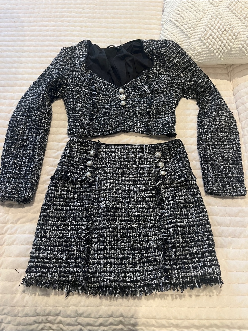 DO+BE Black and White Tweed Cropped Jacket & Skirt Set